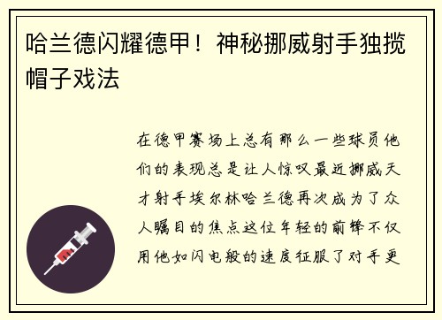 哈兰德闪耀德甲！神秘挪威射手独揽帽子戏法