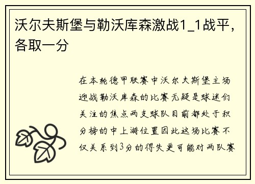 沃尔夫斯堡与勒沃库森激战1_1战平，各取一分