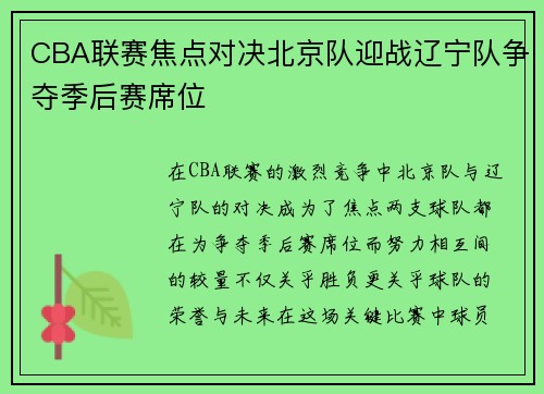 CBA联赛焦点对决北京队迎战辽宁队争夺季后赛席位
