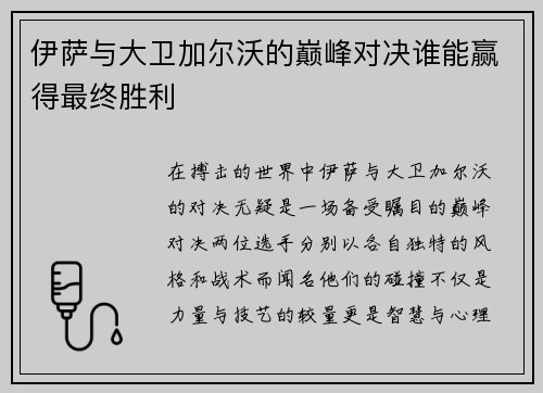 伊萨与大卫加尔沃的巅峰对决谁能赢得最终胜利