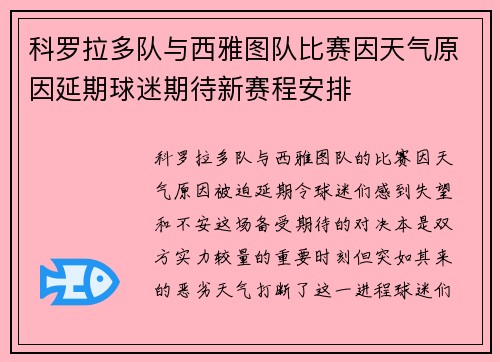 科罗拉多队与西雅图队比赛因天气原因延期球迷期待新赛程安排
