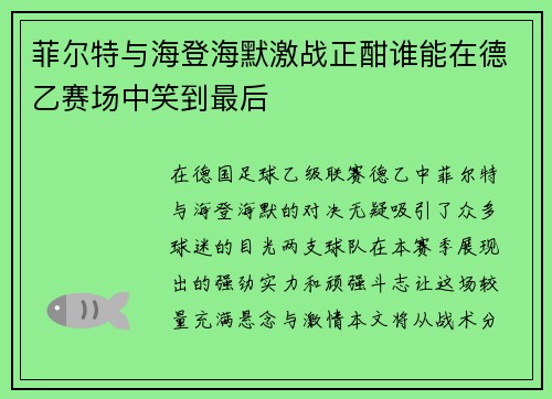 菲尔特与海登海默激战正酣谁能在德乙赛场中笑到最后