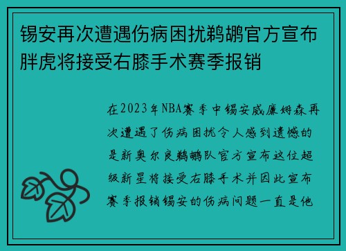 锡安再次遭遇伤病困扰鹈鹕官方宣布胖虎将接受右膝手术赛季报销
