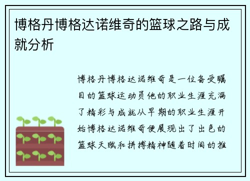 博格丹博格达诺维奇的篮球之路与成就分析