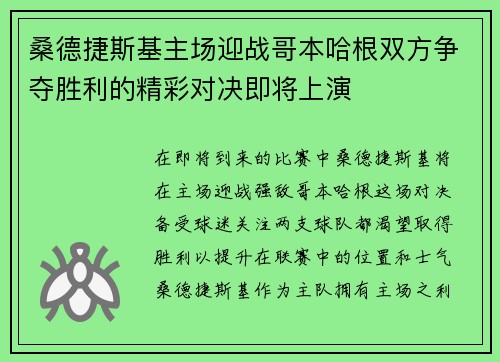 桑德捷斯基主场迎战哥本哈根双方争夺胜利的精彩对决即将上演