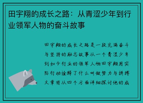 田宇翔的成长之路：从青涩少年到行业领军人物的奋斗故事