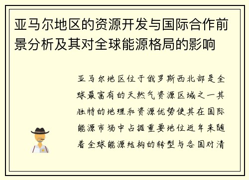 亚马尔地区的资源开发与国际合作前景分析及其对全球能源格局的影响